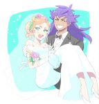  1boy 1girl aqua_eyes breasts bridal_veil carrying cleavage collared_shirt dede_(qwea_00000) dress earrings facial_hair flower gloves hair_flower hair_ornament highres jewelry leon_(pokemon) orange_hair own_hands_together pokemon pokemon_(game) pokemon_swsh princess_carry purple_hair shirt smile sonia_(pokemon) sparkle teeth veil wedding wedding_dress white_background white_gloves 