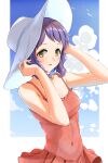  1girl bangs bird blue_sky blush breasts cloud commentary covered_navel day floral_print hands_up hat highres holding holding_clothes holding_hat idolmaster idolmaster_million_live! kaiso_(kaisooekaki) looking_at_viewer makabe_mizuki outdoors purple_hair red_swimsuit short_hair sidelocks sky small_breasts smile solo sun_hat swimsuit swimsuit_skirt upper_body white_headwear yellow_eyes 