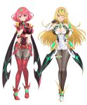  2girls absurdres bangs bare_shoulders black_gloves black_pantyhose blonde_hair breasts chest_jewel cleavage cleavage_cutout clothing_cutout dress earrings elbow_gloves feichu_keju fingerless_gloves gloves highres jewelry large_breasts long_hair multiple_girls mythra_(xenoblade) pantyhose pyra_(xenoblade) red_eyes red_hair red_shorts short_dress short_hair short_shorts shorts swept_bangs thighhighs tiara very_long_hair white_dress white_gloves xenoblade_chronicles_(series) xenoblade_chronicles_2 yellow_eyes 