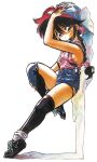  1990s_(style) 1girl against_wall backwards_hat bangs baseball_cap black_eyes black_thighhighs braid braided_ponytail full_body hat invisible_wall kotetsu_no_daibouken long_hair looking_at_viewer non-web_source official_art red_hair retro_artstyle shoes short_shorts shorts simple_background sneakers solo standing standing_on_one_leg suspender_shorts suspenders suzuki_linn tachikawa_minoru thighhighs white_background 