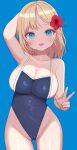  1girl :d arm_behind_head ass_visible_through_thighs bare_arms bare_shoulders blonde_hair blue_background blue_eyes blue_swimsuit blush breasts cameltoe competition_school_swimsuit covered_navel cowboy_shot flower hair_flower hair_ornament highleg highleg_swimsuit highres hololive hololive_english large_breasts looking_at_viewer medium_hair one-piece_swimsuit rose_neru school_swimsuit simple_background smile solo swimsuit teeth thigh_gap undersized_clothes upper_teeth virtual_youtuber w watson_amelia 