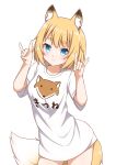  1girl :3 absurdres animal_ears blonde_hair blue_eyes breasts cowboy_shot double_fox_shadow_puppet fox_ears fox_girl fox_print fox_shadow_puppet fox_tail hestia_(neko_itachi) highres indie_virtual_youtuber medium_breasts naked_shirt shirt short_hair short_sleeves simple_background smile tail virtual_youtuber white_background white_shirt 