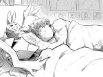  2boys all_might bed bedroom blanket boku_no_hero_academia character_doll closed_eyes closed_mouth commentary_request dakimakura_(object) freckles greyscale halftone highres indoors lying male_focus midoriya_izuku monochrome multiple_boys nasu_b on_back on_side pillow poster_(object) short_hair short_hair_with_long_locks sidelocks sleeping under_covers yagi_toshinori 