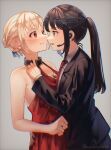  2girls absurdres aoi_hane arm_around_waist artist_name bangs bare_arms bare_shoulders belt_buckle belt_collar black_hair black_jacket black_pants black_ribbon black_suit blonde_hair blush breasts brown_collar buckle chromatic_aberration cleavage collar collarbone collared_shirt commentary_request dress eye_contact face-to-face formal from_side gradient gradient_background grey_background hair_ornament hair_ribbon halter_dress halterneck hand_on_another&#039;s_hip hand_up headset highres inoue_takina jacket jewelry long_hair long_sleeves looking_at_another lycoris_recoil medium_breasts multiple_girls necklace necktie nishikigi_chisato open_clothes open_jacket pant_suit pants parted_lips pearl_hair_ornament pendant ponytail profile purple_eyes red_dress red_eyes red_necktie ribbon shirt short_hair sidelocks signature sleeveless sleeveless_dress smile standing suit sweatdrop twitter_username upper_body white_shirt yuri 