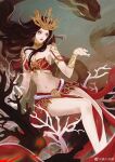  1girl bare_legs black_hair cai_lin_(doupo_cangqiong) closed_mouth doupo_cangqiong falling_petals floating hair_ornament highres jewelry long_hair long_skirt looking_to_the_side outstretched_hand petals qi_xiao_ling_ying red_nails red_tube_top shiny shiny_hair sitting skirt snake solo strapless tube_top 
