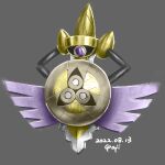  aegislash bright_pupils commentary_request dated full_body grey_background highres no_humans pokemon pokemon_(creature) purple_eyes shield signature solo sword weapon yajishin30 