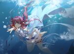  1girl absurdres arknights bare_legs bare_shoulders barefoot bikini commentary_request foot_out_of_frame hair_intakes hair_ornament highres horns huayi purple_eyes red_hair solo star_(symbol) star_hair_ornament surtr_(arknights) surtr_(colorful_wonderland)_(arknights) swimsuit thighs underwater 