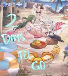  2girls animal_ears anniversary armpits azur_lane bangs bare_shoulders barefoot basket beach bibimbub bikini blue_sky bow breasts brown_eyes brown_hair cat_ears collarbone commentary copyright_name day drake_(azur_lane) eyewear_on_head flower food fruit full_body grapes green_hair hair_bow hat highres holding innertube littorio_(azur_lane) logo lotion_bottle lying manjuu_(azur_lane) medium_breasts multicolored_hair multiple_girls navel ocean official_art on_stomach outdoors palm_leaf palm_tree pineapple ponytail red_hair sand sandals shiny shiny_hair simple_background sitting sky small_breasts smile stomach sun_hat sunglasses suzutsuki_(azur_lane) swimsuit thighs toes tree two-tone_hair water watermelon white_hair 