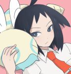  1boy :3 black_hair blush cheren_(pokemon) collared_shirt colored_skin dunsparce grey_eyes looking_at_another male_focus necktie pink_background pokemon pokemon_(creature) pokemon_(game) pokemon_bw2 shinuverna shirt tail white_shirt wings yellow_skin 