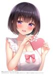  1girl absurdres apron bangs black_hair blunt_bangs blush box breasts cleavage gift heart-shaped_box highres holding holding_gift karutamo looking_at_viewer naked_apron original purple_eyes short_hair signature simple_background solo upper_body valentine white_background 