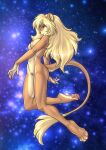  2022 anthro blonde_hair breasts butt claws cosmic_background digital_media_(artwork) feet felid female finger_claws fingers floating fur genitals hair hi_res hindpaw humanoid_hands lion long_hair mammal mrrrn navel nipples nude pantherine pawpads paws pink_nose pink_pawpads pussy solo tan_body tan_fur toes 