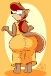  2018 animated animatedjames anthro big_butt black_nose brown_body brown_fur brown_hair butt butt_jiggle clothing dress female fur green_eyes hair hand_on_butt jiggling looking_back mammal rodent sciurid solo tami_(animatedjames) watermark yellow_clothing yellow_dress 