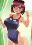  1girl absurdres aqua_eyes ass_visible_through_thighs backlighting bangs blue_swimsuit breasts collarbone competition_swimsuit contrapposto covered_navel cowboy_shot curtain_grab curtains dripping goggles goggles_around_neck groin hair_behind_ear hands_up highleg highleg_swimsuit highres kurikoma_(mxmt5784) large_breasts lips looking_at_viewer one-piece_swimsuit original parted_bangs purple_hair short_hair solo standing swimsuit taut_clothes taut_swimsuit wet wet_clothes wet_swimsuit 