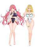  2girls absurdres alternate_hairstyle bangs barefoot blonde_hair breasts chest_jewel competition_swimsuit feichu_keju headpiece highres large_breasts multiple_girls mythra_(radiant_beach)_(xenoblade) mythra_(xenoblade) one-piece_swimsuit pyra_(pro_swimmer)_(xenoblade) pyra_(xenoblade) pyra_(xenoblade)_(prototype) red_swimsuit strapless striped striped_swimsuit swept_bangs swimsuit tiara twintails two-tone_swimsuit white_swimsuit xenoblade_chronicles_(series) xenoblade_chronicles_2 yellow_eyes 