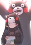  1girl akuma_(st.takuma) animal_ears bear bear_ears bear_girl black_bow black_bowtie black_dress black_fur black_gloves black_hair blush bow bowtie chibi_kumamon_(kemono_friends) drawing dress elbow_gloves extra_ears fur_trim gloves grey_eyes hair_ornament heart heart_hair_ornament highres kemono_friends kemono_friends_3 kumamon long_hair looking_at_viewer multicolored_hair red_hair see-through sidelocks star_(symbol) star_hair_ornament white_hair 