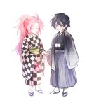  2boys ahoge aji_(xgifcx) bangs black_kimono blue_hakama checkered_clothes checkered_kimono closed_eyes closed_mouth commentary_request dark_blue_hair flower grey_eyes hair_flower hair_ornament hakama haori hatsutori_hajime holding_hands japanese_clothes kimono korean_commentary long_hair long_sleeves male_focus mixed-language_commentary multiple_boys obi parted_bangs pink_hair ponytail red_flower saibou_shinkyoku sash short_hair simple_background smile socks sweat tabi utsugi_noriyuki white_background white_socks zouri 