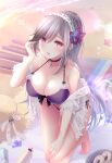  1girl absurdres azur_lane bikini black_choker blue_butterfly blue_gemstone braid breasts bug butterfly butterfly_hair_ornament choker crown_braid doughnut dunkerque_(azur_lane) dunkerque_(summer_sucre)_(azur_lane) food from_above front-tie_bikini front-tie_top gem grey_hair hair_ornament hat highres kneeling large_breasts leaning_forward long_hair oyoyoyo purple_bikini red_eyes see-through see-through_shirt solo straw_hat sun_hat swimsuit very_long_hair 