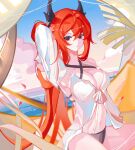  1girl absurdres alternate_eye_color arknights arm_up bangs bare_shoulders bikini breasts cleavage cloud criss-cross_halter day hair_between_eyes halterneck hammock highres horns long_hair looking_at_viewer medium_breasts navel official_alternate_costume outdoors red_eyes red_hair shortcake_(tunesofmysummer) sitting solo stomach surtr_(arknights) surtr_(colorful_wonderland)_(arknights) swimsuit thighs very_long_hair 