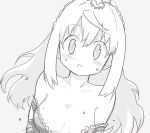  1girl blush breasts crown highres jeanne_flamel long_hair looking_at_viewer mahou_shoujo_madoka_magica mahou_shoujo_tart_magica medium_breasts monochrome open_mouth simple_background solo sonohi210 sweat unzipped wardrobe_malfunction white_background 