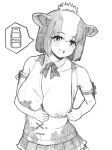  1girl :d animal_ears animal_print bare_shoulders blush bottle breasts collarbone commentary cow_ears cow_print deku_suke detached_collar elbow_gloves extra_ears gloves greyscale highres holstein_friesian_cattle_(kemono_friends) kemono_friends large_breasts milk_bottle monochrome multicolored_hair nipples one_breast_out open_mouth short_hair simple_background smile solo spoken_object two-tone_hair upper_body 