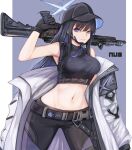  1girl absurdres arm_up bangs bare_shoulders baseball_cap belt black_belt black_gloves black_hair black_headwear black_pants blue_archive blue_eyes breasts commentary cowboy_shot crop_top gloves gun hat highres holding holding_gun holding_weapon large_breasts leggings long_hair long_sleeves looking_at_viewer midriff navel nui_gurumi over_shoulder pants rifle saori_(blue_archive) smile solo standing stomach very_long_hair weapon weapon_over_shoulder 