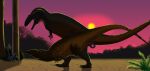  absurd_res acrocanthosaurus being_watched blue_body blue_feathers brown_body carcharodontosaurid climbing_tree dinosaur dromaeosaurid duo feathered_dinosaur feathers female feral genitals hi_res looking_at_another male male/female penis plant purple_sky reptile scalie sex spots standing standing_sex sunset theropod tree 