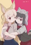  2girls ;d alternate_costume animal_ear_fluff animal_ears bangs black_eyes black_hair black_vest blonde_hair blue_sky bow bowtie cheek-to-cheek commentary_request common_raccoon_(kemono_friends) contemporary diagonal-striped_necktie extra_ears fennec_(kemono_friends) fox_ears fox_girl fox_tail grey_hair heads_together highres hug hug_from_behind kemono_friends medium_hair multicolored_hair multiple_girls nanana_(nanana_iz) necktie one_eye_closed open_mouth pleated_skirt raccoon_ears raccoon_girl raccoon_tail red_bow red_bowtie red_skirt shirt simple_background skirt sky sleeves_rolled_up smile tail vest white_shirt 