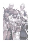  2girls 6+boys adventurer_(ff14) alisaie_leveilleur alphinaud_leveilleur animal_ears arm_around_shoulder armor cat_ears dress elezen elf estinien_varlineau final_fantasy final_fantasy_xiv g&#039;raha_tia highres hyur miqo&#039;te monochrome multiple_boys multiple_girls pointy_ears short_hair shoulder_spikes smile spikes standing tail tall_male thancred_waters urianger_augurelt y&#039;shtola_rhul yil 