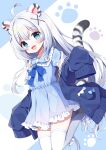  1girl :d absurdres ahoge animal_ears bangs blue_background blue_dress blue_eyes blue_footwear blue_jacket blue_sailor_collar blush commentary copyright_request dress frilled_dress frilled_sailor_collar frills grey_hair hair_between_eyes hair_ornament highres indie_virtual_youtuber jacket long_sleeves mauve off_shoulder open_clothes open_jacket paw_print paw_print_background pleated_dress puffy_long_sleeves puffy_sleeves sailor_collar sailor_dress second-party_source shoes sleeves_past_fingers sleeves_past_wrists smile solo tail tail_raised thighhighs tiger_ears tiger_girl tiger_tail two-tone_background virtual_youtuber white_background white_sailor_collar white_thighhighs x_hair_ornament 