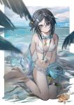  1girl absurdres arknights bangs bare_shoulders barefoot bikini black_hair blue_sky breasts cleavage cloud day grey_eyes hair_between_eyes highres la_pluma_(arknights) la_pluma_(summer_flowers)_(arknights) lanyard liangban_xiexu looking_at_viewer medium_breasts navel ocean off_shoulder outdoors short_hair sitting sky solo stomach swimsuit thigh_strap thighs wariza white_bikini 