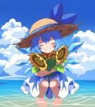  1girl bangs barefoot beach blue_dress blue_hair blue_ribbon blue_sky cirno closed_eyes cloud dress facing_viewer flower hat hat_ribbon highres horizon ice ice_wings ocean open_mouth outdoors ribbon short_hair sitting sky smile solo straw_hat sunflower touhou tsuri_buta wings 