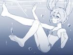  1girl bangs barefoot bikini blush breasts bubble cleavage closed_mouth commentary_request full_body greyscale hair_between_eyes hatsune_miku highres kitsunerider long_hair looking_afar monochrome small_breasts smile soles solo swimsuit twintails underwater vocaloid water 