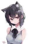  1girl animal_ear_fluff animal_ears bangs bare_shoulders black_hair breasts brown_eyes commentary_request common_raccoon_(kemono_friends) dated extra_ears fur_collar hair_between_eyes head_tilt highres kemono_friends long_hair looking_at_viewer medium_breasts nanana_(nanana_iz) raccoon_ears shirt simple_background sleeveless sleeveless_shirt solo white_background 