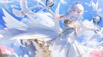  1girl artist_request bird blue_sky cloud dove dress drone feathers flower frilled_dress frills gold_trim halo highres liv_(punishing:_gray_raven) looking_at_viewer non-web_source punishing:_gray_raven ribbon sky smile source_request white_dress white_hair wings 