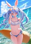  1girl absurdres animal_ears beach bikini blue_swimsuit blush breasts carrot frilled_bikini frills heart higashigure highres hololive long_hair looking_at_viewer medium_breasts rabbit_ears rabbit_girl rabbit_tail red_eyes sunglasses swimsuit tail thick_eyebrows twintails usada_pekora water water_drop 