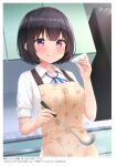  1girl :q absurdres apron bangs black_hair blue_ribbon blush brown_apron collared_shirt heart heart_print highres holding indoors karutamo kitchen ladle looking_at_viewer neck_ribbon original pink_eyes purple_eyes ribbon shirt short_hair smile solo tongue tongue_out white_shirt 