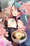  1girl absurdres animal_ears black_kimono blue_eyes blue_hair blue_tail breasts cleavage cleavage_cutout clothing_cutout commentary english_commentary fang food highres hip_vent holding holding_food japanese_clothes kimono large_breasts long_hair looking_at_viewer multicolored_hair multicolored_tail noodles pink_hair pink_tail ramen second-party_source silvervale smile streaked_hair tail tongue tongue_out usahana101 virtual_youtuber vshojo wolf_ears wolf_girl 