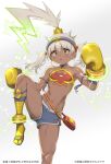  1girl absurdres atte_nanakusa bangs boxing_gloves character_request dark-skinned_female dark_skin dolphin_shorts eiyuu_senki electricity fighting_stance gloves green_eyes highres leg_up lightning_bolt_symbol muscular muscular_child muscular_female official_art shorts solo tan toned twintails yellow_gloves 