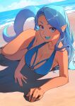  1girl :d \||/ bangs bare_arms bare_legs bare_shoulders beach blue_eyes blue_hair blue_swimsuit breasts cleavage cloud commentary commission dark-skinned_female dark_skin feet_out_of_frame forehead highres ibaraki_shun large_breasts legs_together light_blue_hair long_bangs looking_at_viewer lying multicolored_hair ocean on_side open_mouth original outdoors pointy_ears shadow sharp_teeth skeb_commission sky smile solo swimsuit tail tan teeth thick_eyebrows thighs two-tone_hair upper_teeth 