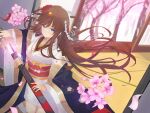  1girl absurdres bangs blue_eyes blush brown_hair cherry_blossoms counter:side daily_(daily178900) hair_ornament highres holding holding_sword holding_weapon japanese_clothes kimono long_hair nanahara_chinatsu obi sash sheath smile solo sword tree unsheathing very_long_hair weapon 