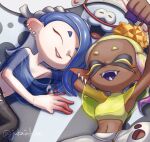  1boy 2girls :d bare_shoulders big_man_(splatoon) black_pants blonde_hair blue_hair chest_sarashi closed_eyes clothing_cutout colored_eyelashes colored_skin colored_tongue dark-skinned_female dark_skin earrings fangs forehead frye_(splatoon) gradient_hair gradient_skin grin hachimaki harem_pants headband highres jewelry manta_ray multicolored_hair multiple_earrings multiple_girls nejiri_hachimaki octarian open_mouth pants purple_hair purple_skin purple_tongue red_skin sarashi see-through shiver_(splatoon) smile splatoon_(series) splatoon_3 suction_cups teeth tentacle_hair two-tone_hair upapika white_pants 