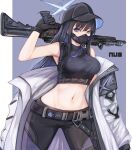  1girl absurdres arm_up bangs bare_shoulders baseball_cap belt black_belt black_gloves black_hair black_headwear black_pants blue_archive blue_eyes breasts commentary cowboy_shot crop_top gloves gun hat highres holding holding_gun holding_weapon large_breasts leggings long_hair long_sleeves looking_at_viewer mask midriff mouth_mask navel nui_gurumi over_shoulder pants rifle saori_(blue_archive) solo standing stomach very_long_hair weapon weapon_over_shoulder 