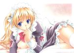  bad_id bad_pixiv_id blonde_hair blue_eyes blush breasts hairband large_breasts long_hair lying maid marker_(medium) nipples no_bra open_clothes open_shirt original pastel_(medium) pussy shirt solo thighhighs traditional_media trimcolor white_legwear 