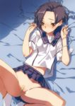  bandaid bandaid_on_pussy bed black_hair blush bob_cut brown_eyes digital_media_player headphones highres ipod kobayakawa_rinko love_plus lying navel no_panties sameda_koban short_hair solo spread_legs 