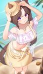  1girl absurdres animal_ears armpits arms_up blurry blurry_background brown_hair commentary_request day ears_through_headwear highres hokko_tarumae_(pastel_marine_locadol)_(umamusume) hokko_tarumae_(umamusume) horse_ears horse_girl horse_tail looking_at_viewer multicolored_hair ocean official_alternate_costume outdoors overalls purple_eyes smile solo streaked_hair tail uine_(bobhairshuki) umamusume white_hair yellow_overalls 