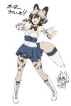  2girls african_wild_dog_(kemono_friends) african_wild_dog_print alternate_costume animal_ears blood boots breasts cleavage commentary_request detached_sleeves dog_ears dog_tail highres kemono_friends margay_(kemono_friends) microphone multiple_girls nosebleed ojigiri_(hisano1202) pantyhose skirt tail translation_request 