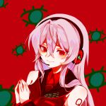  1girl black_shirt black_sleeves chinese_commentary commentary_request crossed_bangs detached_sleeves disembodied_eye hair_between_eyes headset highres jdarsma long_hair own_hands_together palms_together portrait red_eyes red_trim sailor_collar saturated shirt sleeveless sleeveless_shirt solo sukone_tei utau variant_set white_hair 