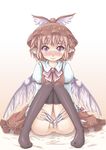  animal_ears black_legwear blush brown_hair fingernails hat hat_removed headwear_removed long_fingernails marujin mystia_lorelei no_panties purple_eyes pussy short_hair sitting solo thighhighs touhou wings 