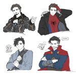  ... 5boys absurdres anger_vein animal_print animification arc_reactor avengers:_infinity_war avengers_(series) belt black-framed_eyewear black_belt black_eyes black_hair black_jacket black_shirt blue_bodysuit blue_eyes blue_jacket blue_shirt bodysuit brown_eyes brown_hair chjjlold cloak closed_mouth collared_shirt commentary_request crossed_arms doctor_strange english_text facial_hair fur-trimmed_jacket fur_trim glasses grey_hair hand_on_own_head hands_up highres holding holding_removed_eyewear holding_sign hood hooded_jacket jacket jewelry korean_commentary lapels long_sleeves looking_at_viewer marc_spector marvel marvel_cinematic_universe moon_knight_(disney+) multicolored_hair multiple_boys necklace open_clothes open_jacket peter_parker red_bodysuit red_cloak shirt short_hair sign simple_background smile speech_bubble spider-man spider-man_(series) spider_print spoken_ellipsis steven_grant streaked_hair superhero_costume sweatdrop teeth tony_stark two-tone_bodysuit unworn_eyewear upper_body white_background 