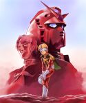  absurdres belt blonde_hair boots challia_bull char_aznable closed_mouth commentary_request dated facial_hair gloves gundam gundam_gihren_no_yabou helmet highres holding holding_helmet jacket kobakin long_sleeves looking_at_viewer male_focus mask mecha military military_uniform mobile_suit mobile_suit_gundam mustache purple_eyes retro_artstyle robot rx-78-2 rx-78-2_gundam_casval_custom science_fiction short_hair signature unworn_headwear unworn_helmet v-fin white_footwear white_gloves yellow_eyes zeon 